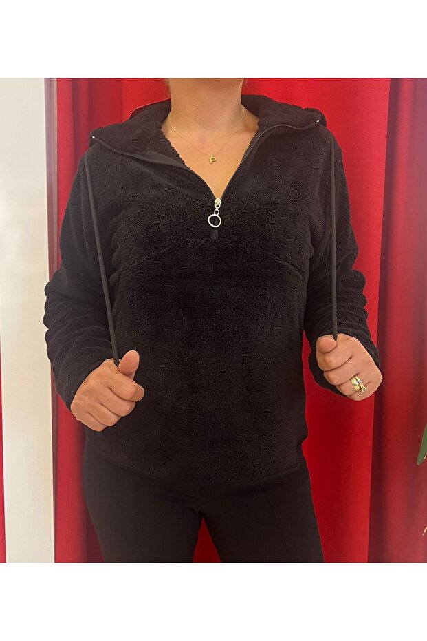 KAPŞONLU YARIM FERMUAR PELUŞ SWEAT - 1