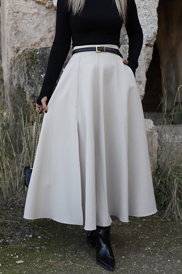 Beige Slit Flared Skirt