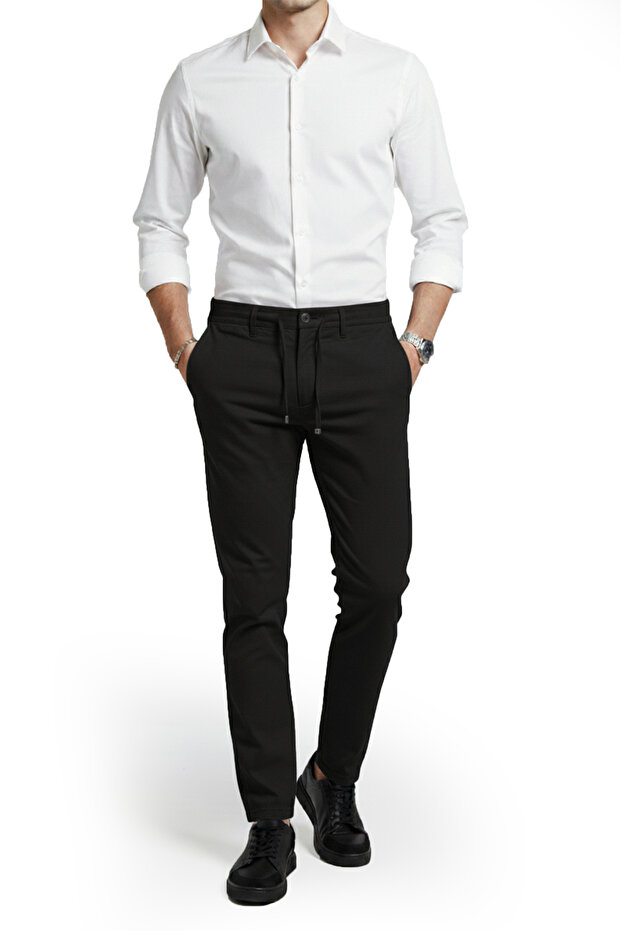 Men's Black Stretch Fabric Seersucker Fabric Elastic Waist Drawstring S Slim Fit Casual Trousers 2600650