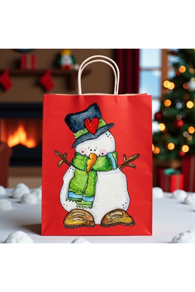 3-Piece Red Twist Handle Paper Gift Bag – Snowman Christmas Themed with Label (8X18X24 cm)