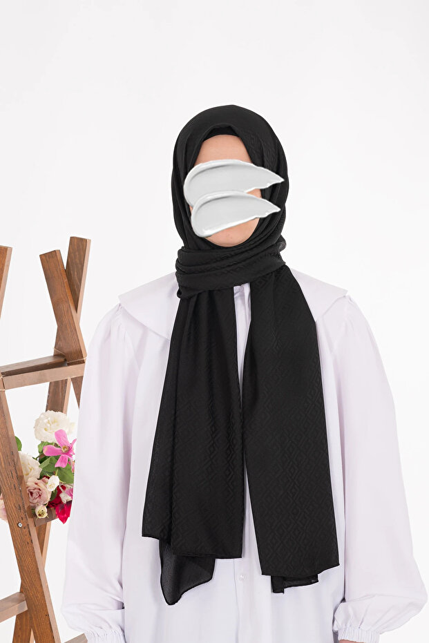 Square Pattern Jacquard Shawl - Black - 1