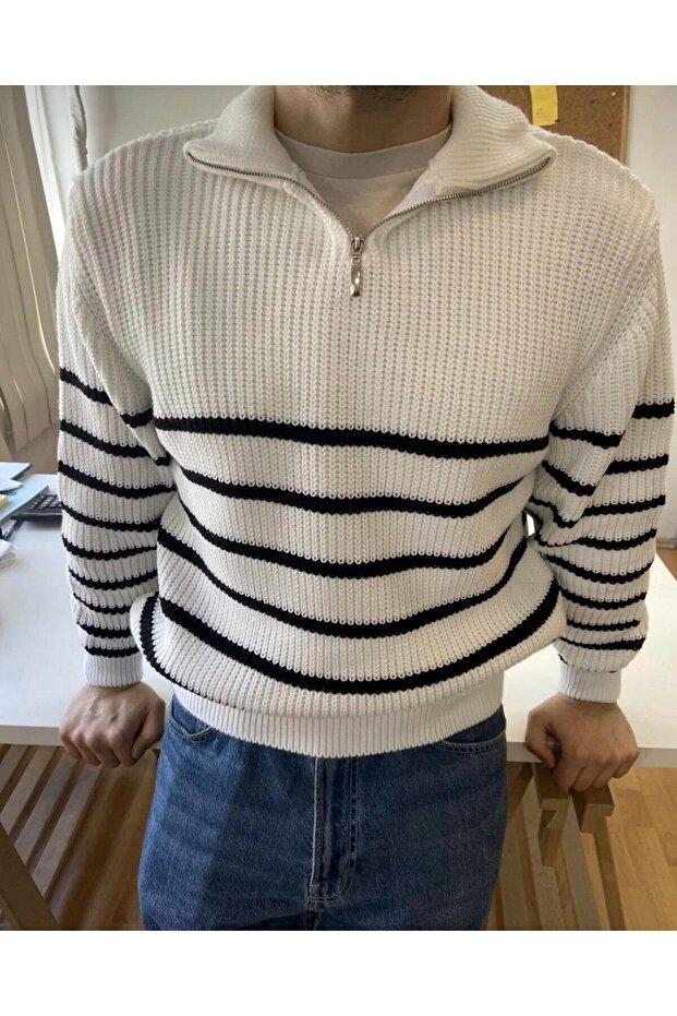 Black and White Striped Half-Zip Thessaloniki Fabric Knitwear Sweater