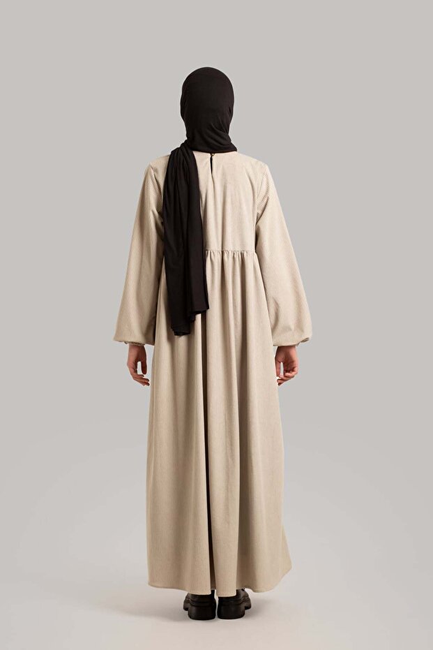 Kadife Elbise - Bej - 5