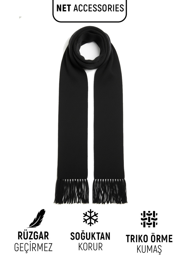 Siyah Triko Örme Atkı Kaşkol Pamuklu Unisex - 1