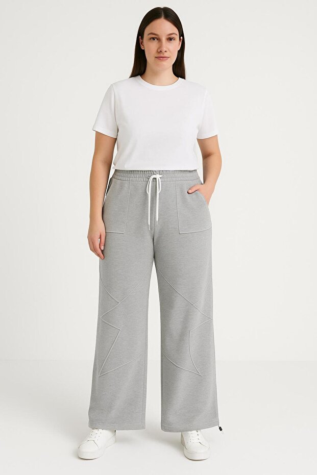2-Thread Palazzo Pants with Pockets, Star-Shaped Pieces, Drawstring Waistband, Elastic with Stoppers