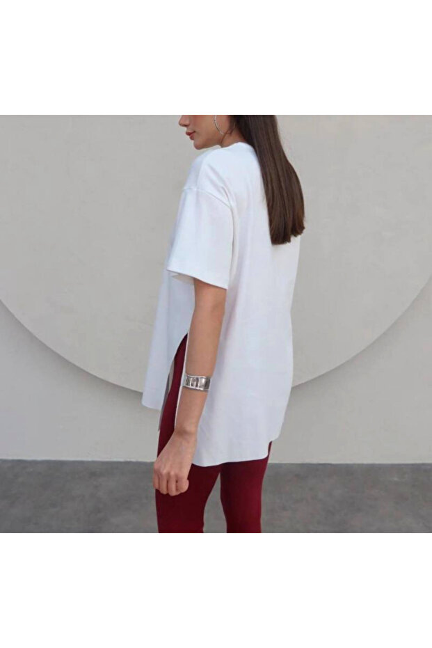 PREMİUM BEYAZ YANLARI YIRTMAÇLI BASİC TSHİRT - 3
