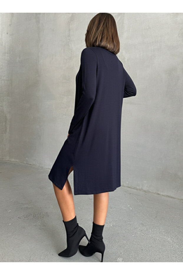 Kadın Lacivert Uzun Yırtmaçlı Basic Hırka - 7