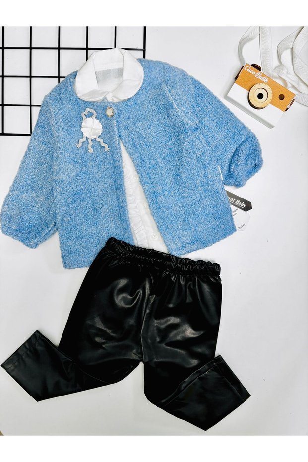 Baby Girl Leather Pants Teddy Cardigan Chiffon Shirt 3Pcs Set Blue-Black