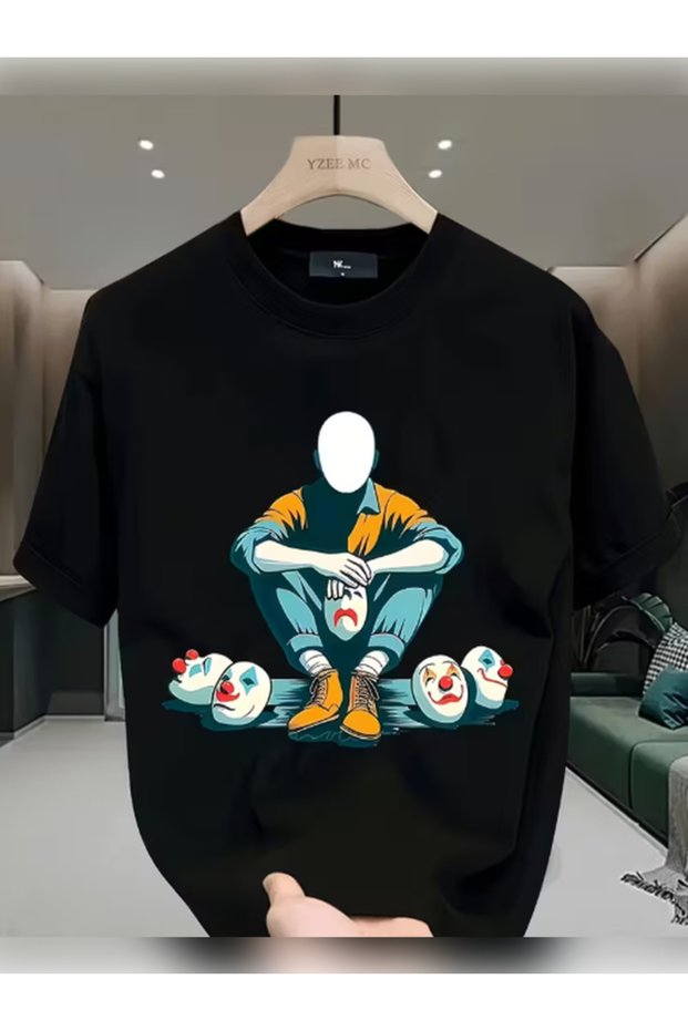 Unisex Oversized Faceless Printed Crew Neck Short Sleeve Black T-Shirt