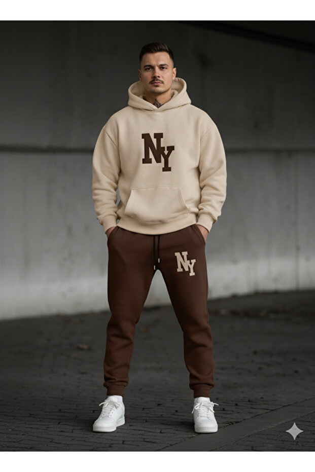 Hooded New York Printed 100% Cotton Full Winter Complete Inside Fleece-Lined Oversized Tracksuit Bottom Top Set