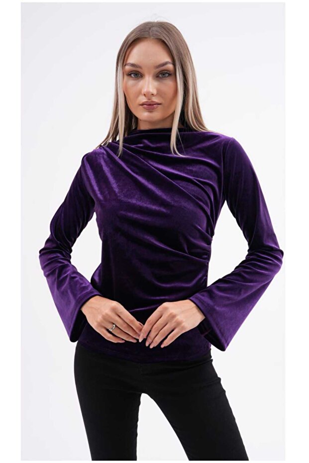 Dik Yaka Kadife Bluz - 1