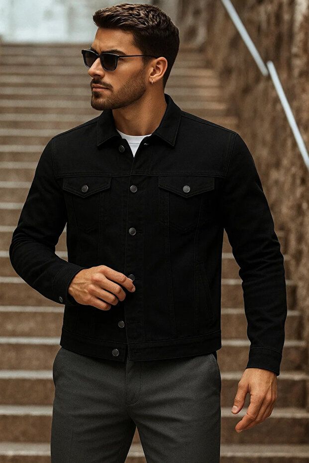 سترة رجالية موسمي بيسك ديلي تريند من الدنيم الأسود - 2