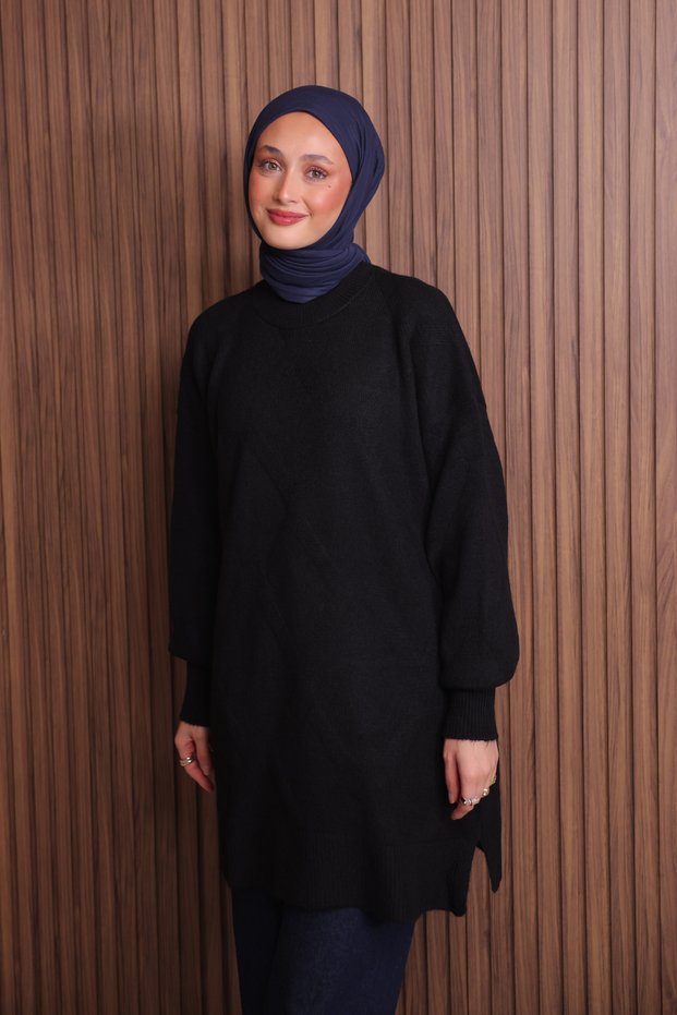 Women's Crew Neck Diamond Pattern Soft Knitwear Tunic 3127