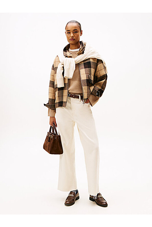 Check Wool Blend Relaxed Harrington Jacket - 4