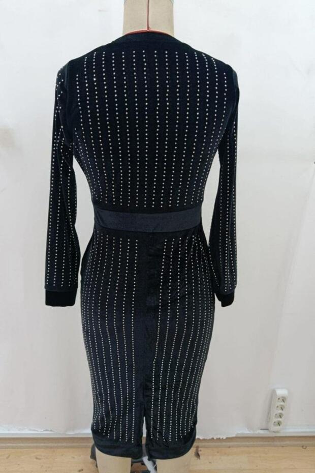 Rochie Midi din catifea cu mâneci lungi - Negru - 5