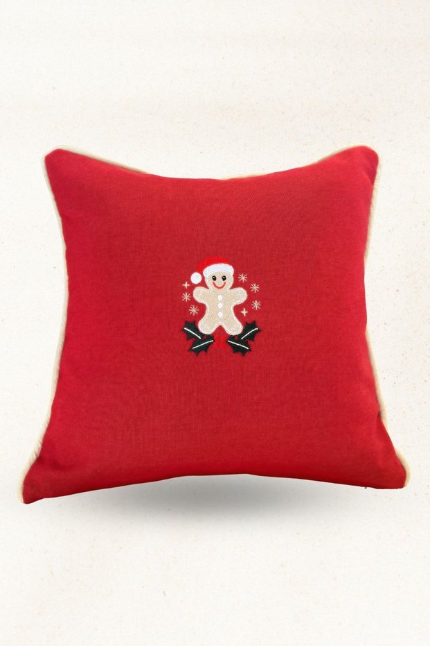 Cookie Embroidered Linen Textured Throw Pillow Cover – Christmas Themed Decorative Pillow