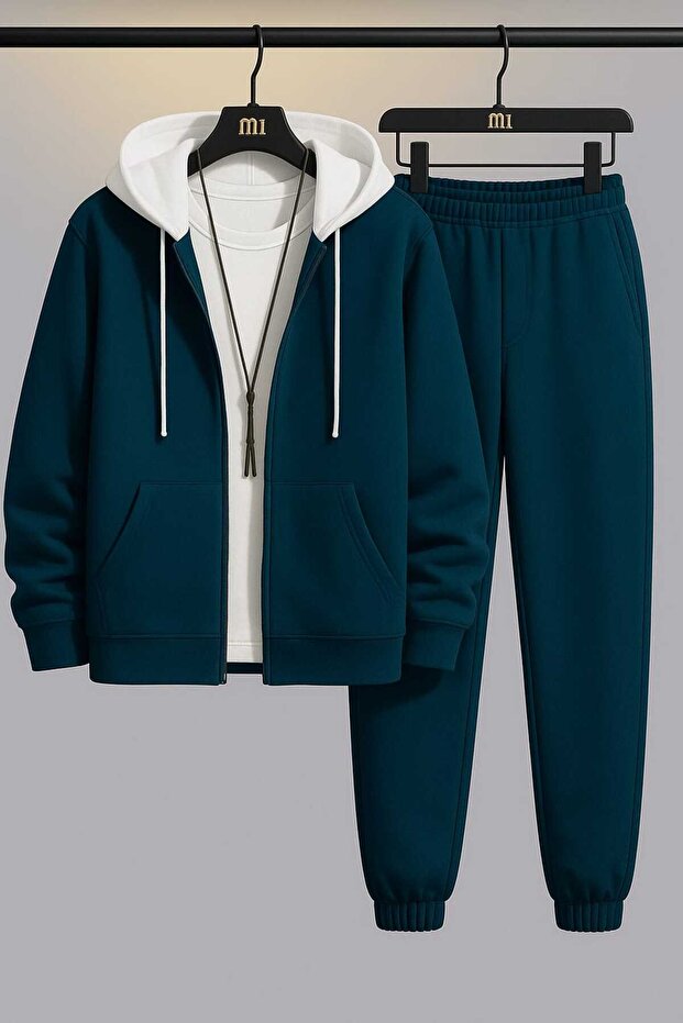 Yd Fragmented Color Hooded Zippered Cardigan Tracksuit Set 3-Piece Thick