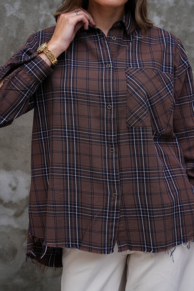100% Cotton Plaid Pattern Single Pocket Brown Shirt
