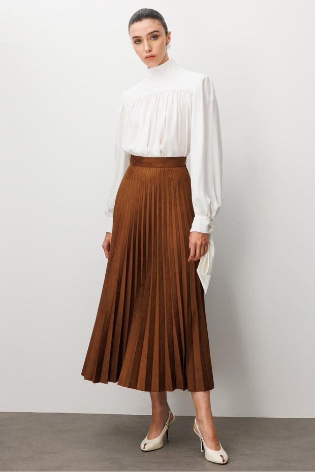 MODAİLGİ Pliseli Uzun Süet Etek 30005 Taba - 5