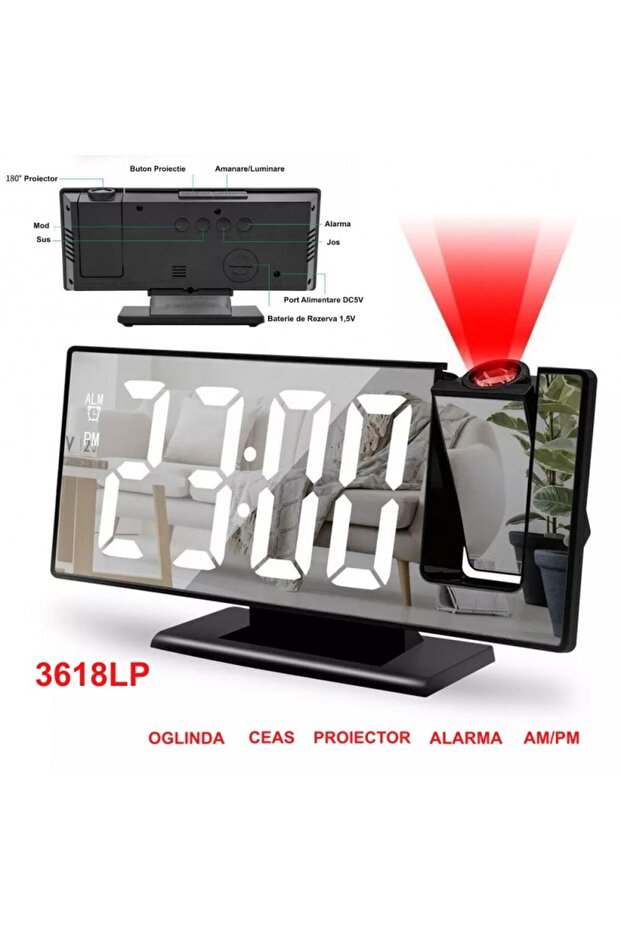 Mirror Projection Clock 3618LP, White - 2