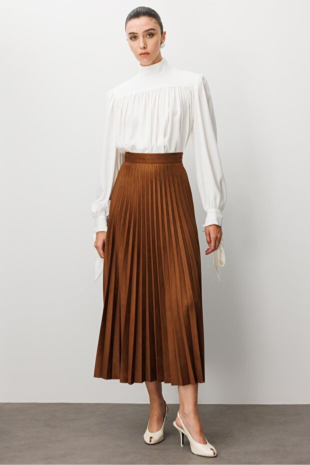 MODAİLGİ Pliseli Uzun Süet Etek 30005 Taba - 4