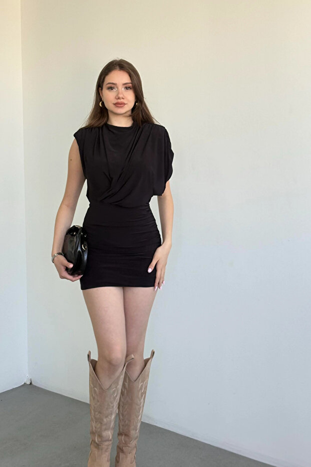 Vatkalı Drapeli Mini Elbise - 3