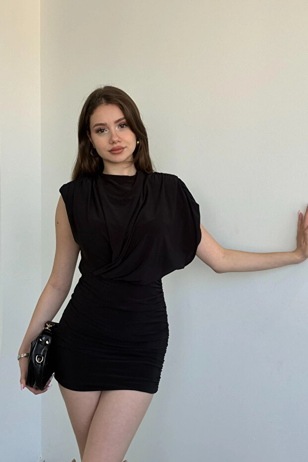 Vatkalı Drapeli Mini Elbise - 1