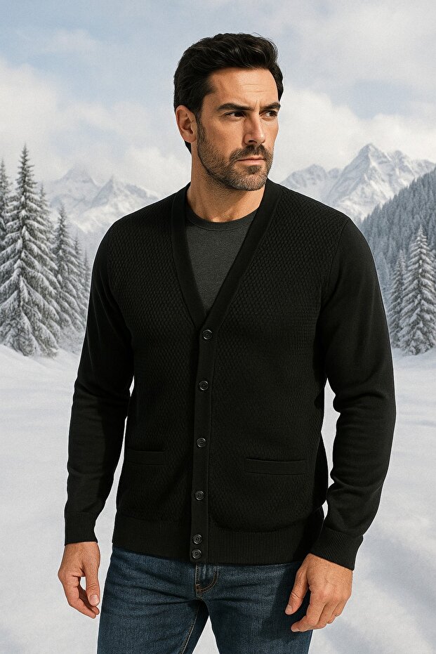 REGULAR DEKORLU TRİKO CEPLİ ÖRME HIRKA - 1