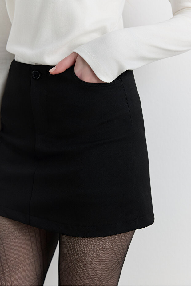 Siyah Mini Cepli Şort Etek - 4