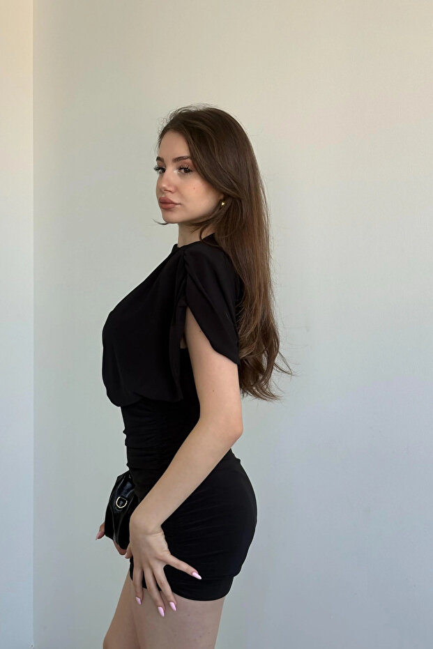 Vatkalı Drapeli Mini Elbise - 4