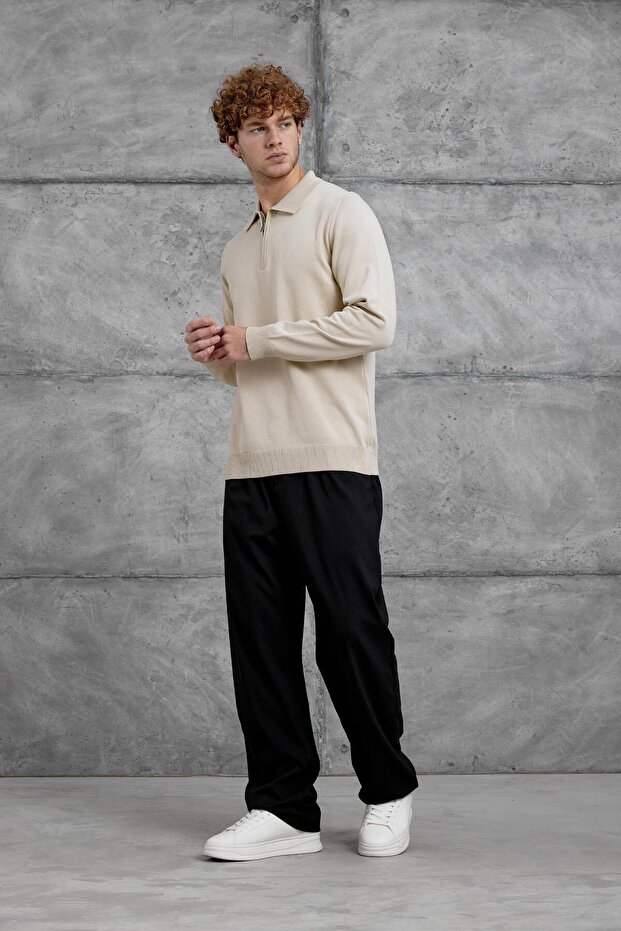 ملابس تريكو أساسية بياقة بولو ونصف سحاب باللون البيج 251 - 3