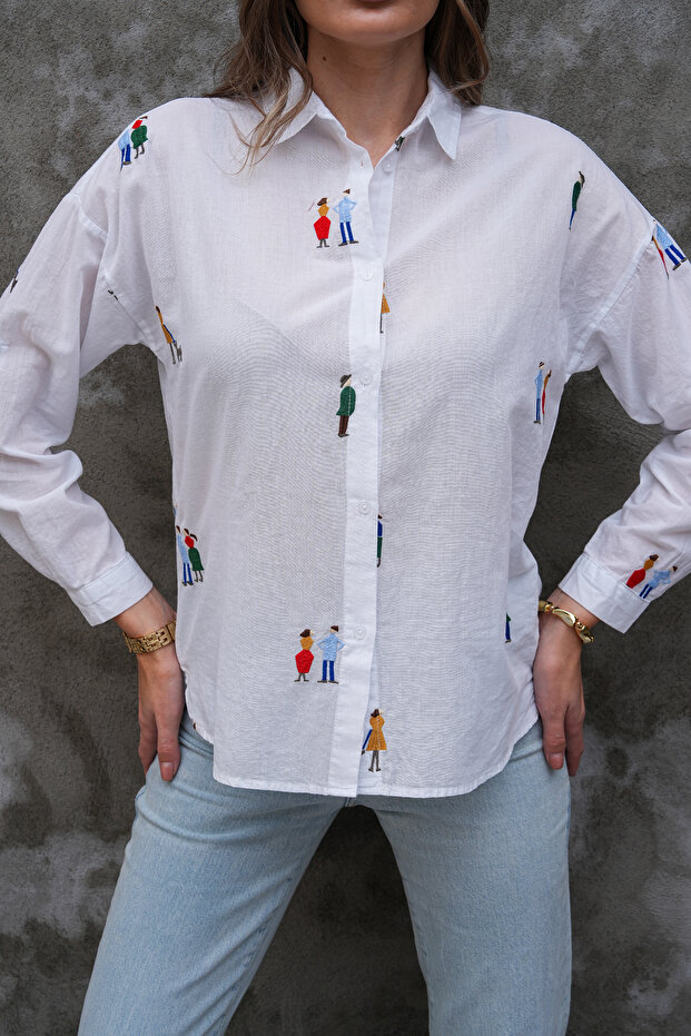 Human Detailed Embroidery Embellished 100% Cotton / Cotton Shirt
