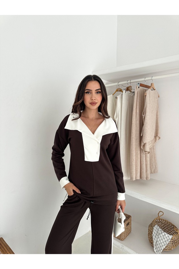 Modal Fabric Training Suit Wide Legs with Clutch Collar Button Strip Detail