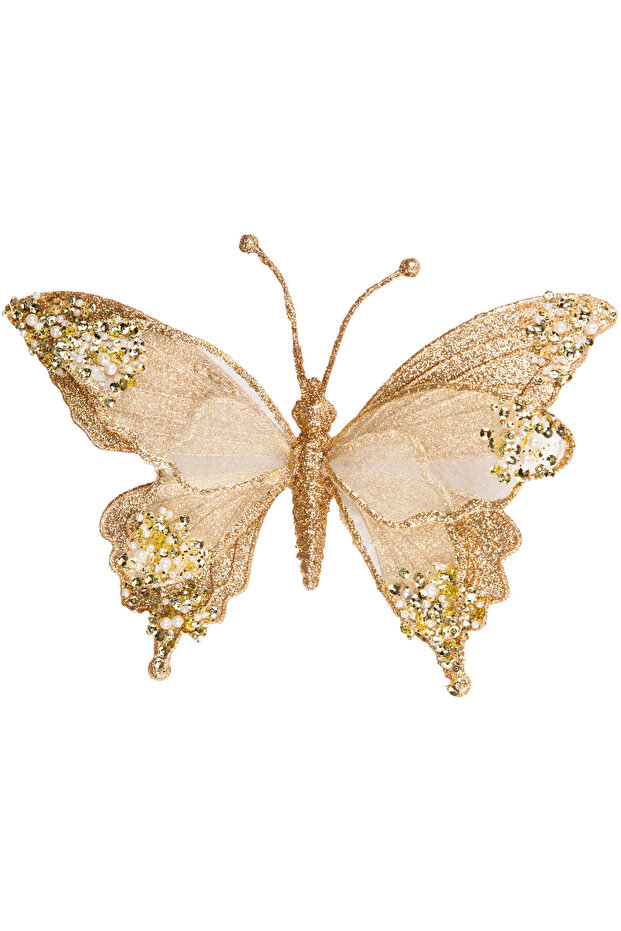 Butterfly Figurine, Glitter, Champagne - White Pearl Detail, with Clasp, 24X9 cm