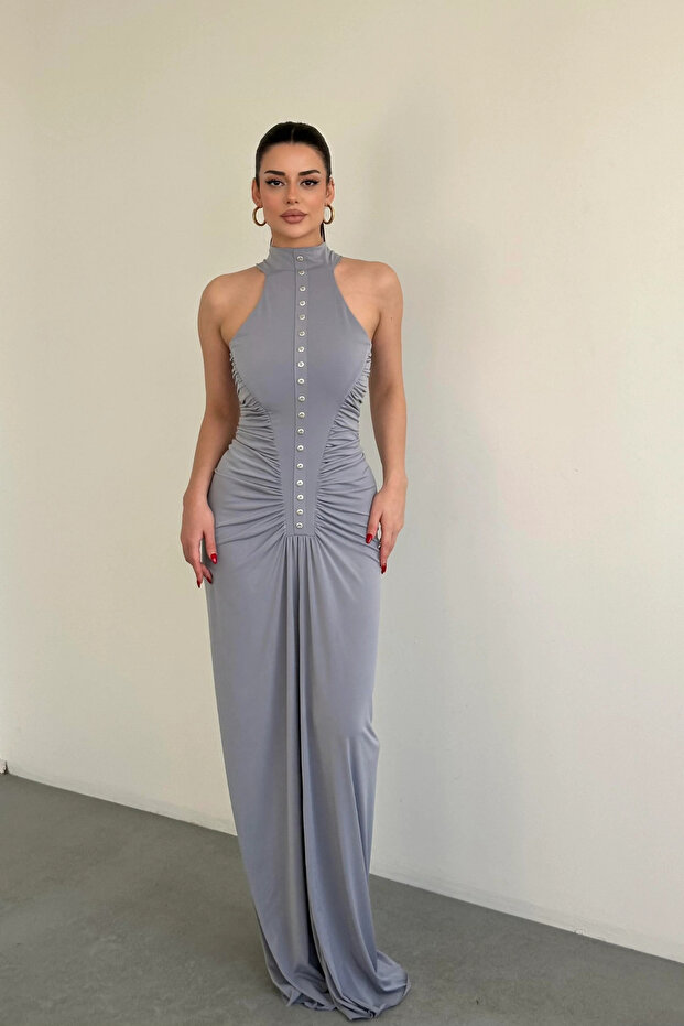 Drapeli Düğmeli Uzun Elbise - 1