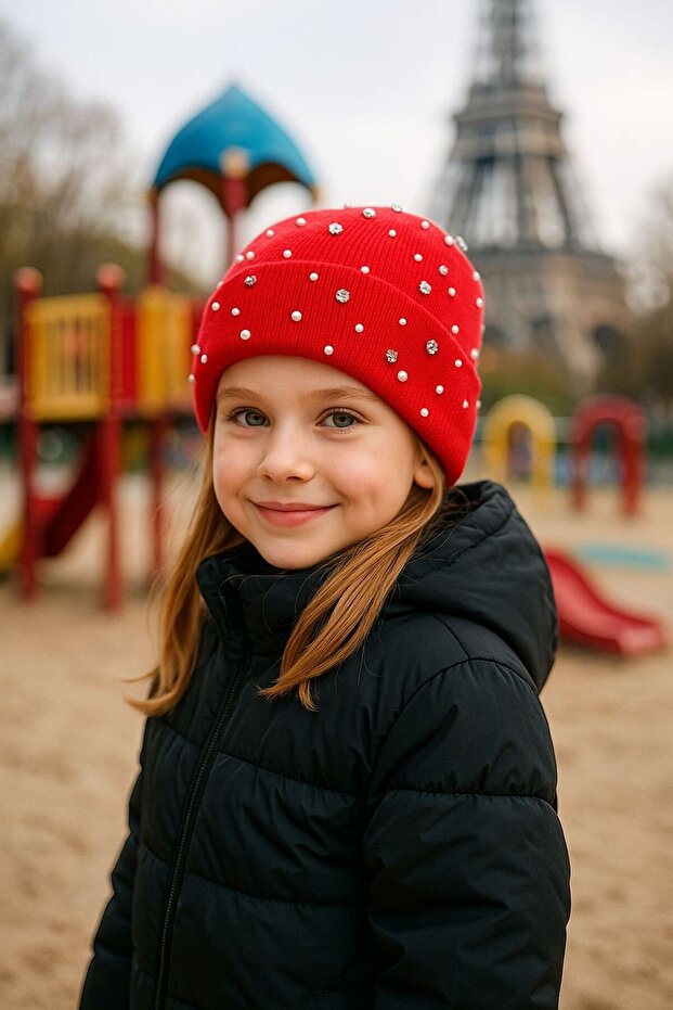 Red Pearl Stone Embroidered Girl's Beret 7-12 Years Old