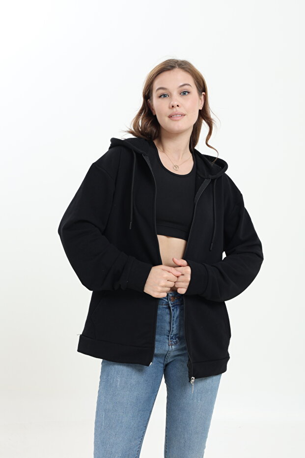 100% Cotton, No Shearling, 3 Threads, Oversized Wide Fit, Zippered, Hooded Kangru Pockets, Sweatshirt Cardigan