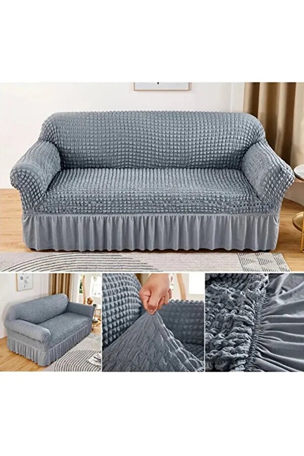 Bürümcük Stretch Fabric Sofa Cover, Three-Seater Sofa Cover 1 Piece, Cream Color
