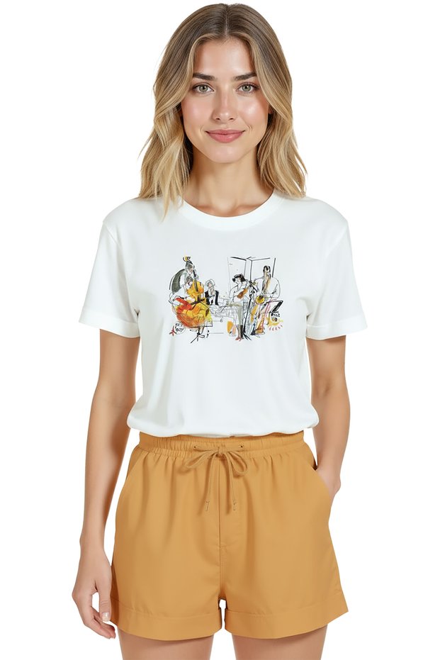 Women's White Relaxed Fit 100% Cotton T-Shirt – Jazz Band Printed