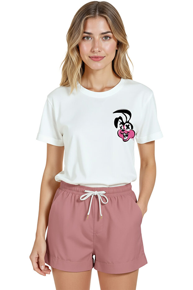 Women's White Relaxed Fit 100% Cotton T-Shirt – Graffiti Rabbit Miniature Printed