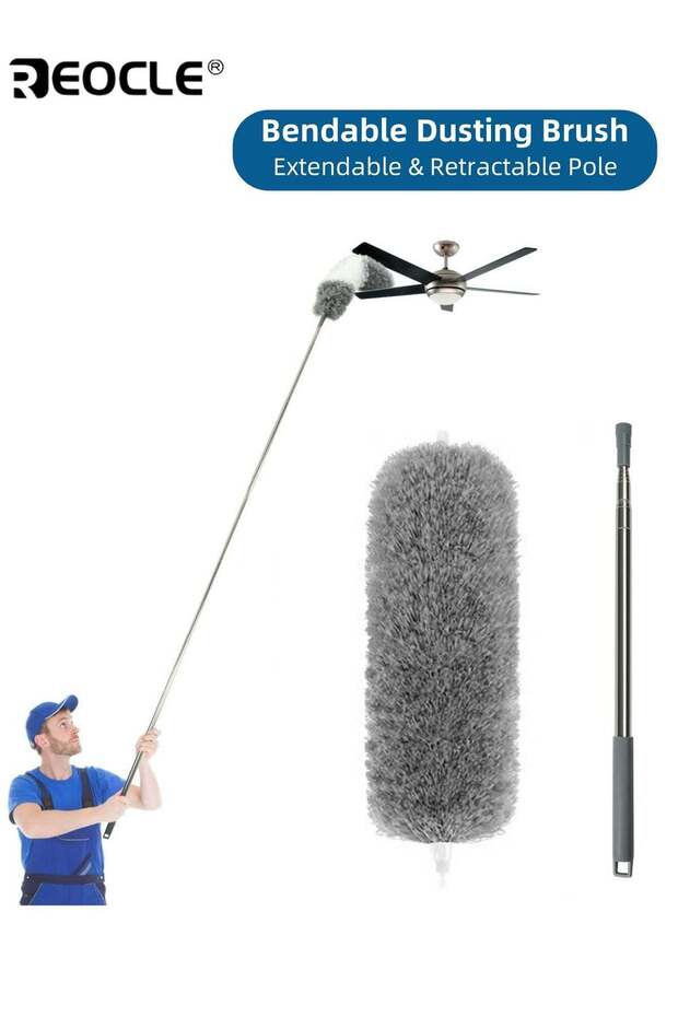 REOCLE Retractable Dusting Brush with Bendable Head 2.8m Extendable Pole & 40cm Duster Metal Manual