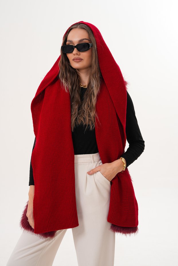Red Knitted Shawl with Hood Detail | Trendy Hooded Scarf