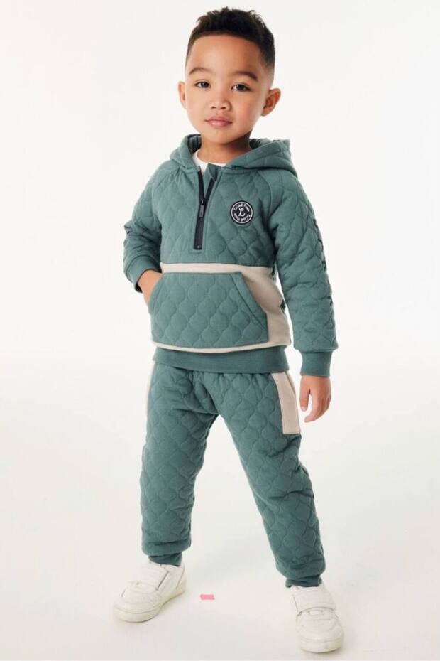 Boy's Cotton Quilted Hooded Tracksuit Set - Green Beige Color