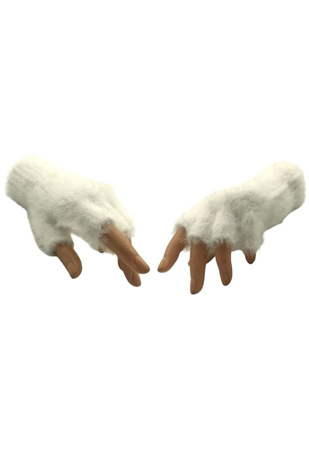 Winter Ecru Soft Textured Fingerless Cut-Out Half-Finger Plush Comfortable Use Gloves Soft Gloves
