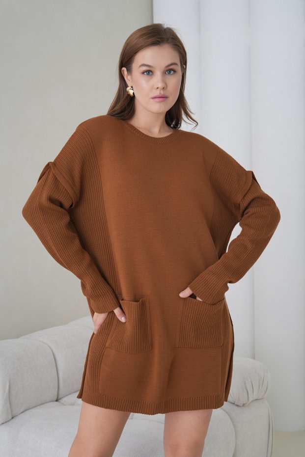 Women's Long Sleeves Self Textured Crew Neck Tunic Oversized Stylish Winter Knitwear Sweater Dress with Pockets