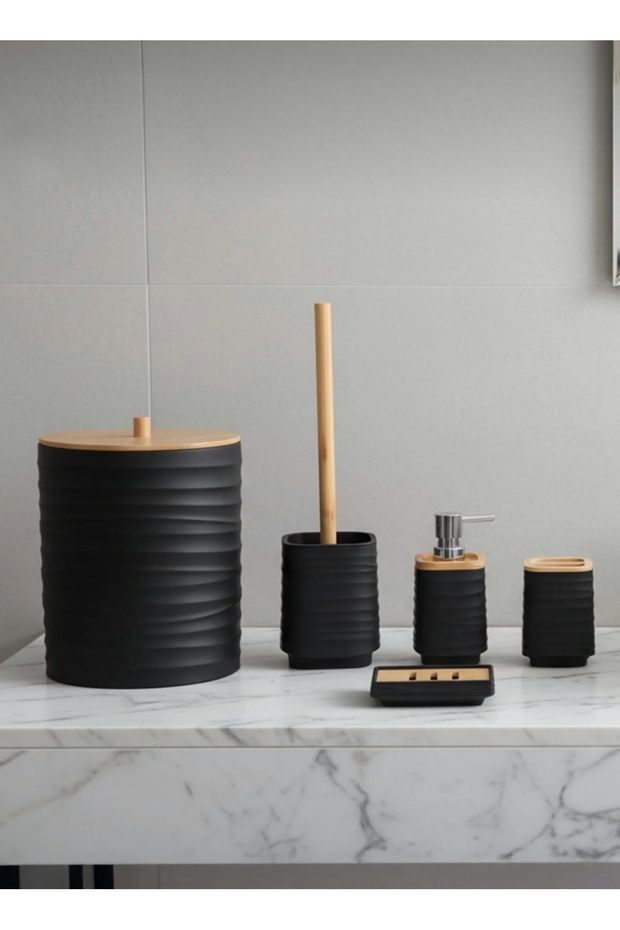 Olivia 5 Piece Black Modern Acrylic Bathroom Set with Bamboo Lid