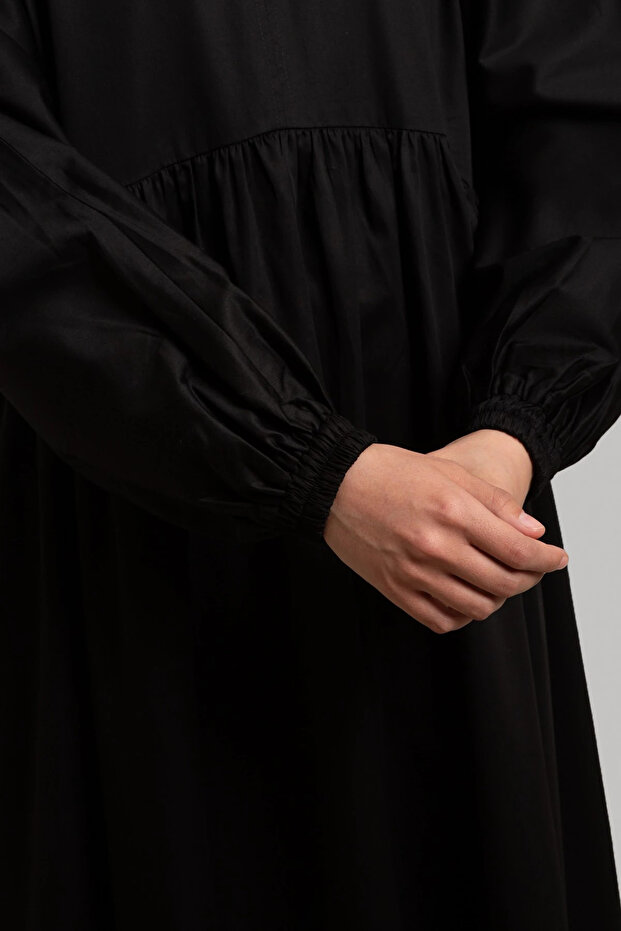 Basic Pamuk Saten Elbise - Siyah - 8