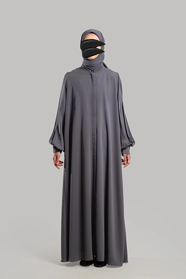 Piliseli Kol Fermuarlı Ferace - Soft Gri - 1