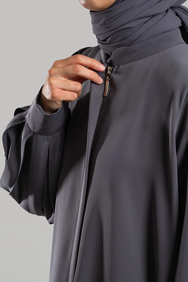 Piliseli Kol Fermuarlı Ferace - Soft Gri - 2