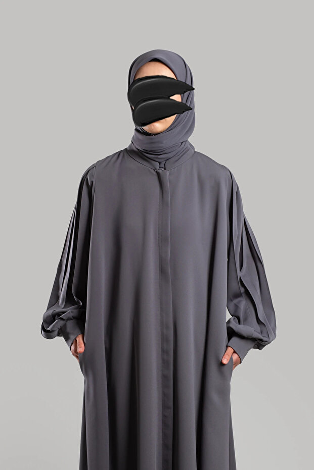 Piliseli Kol Fermuarlı Ferace - Soft Gri - 5